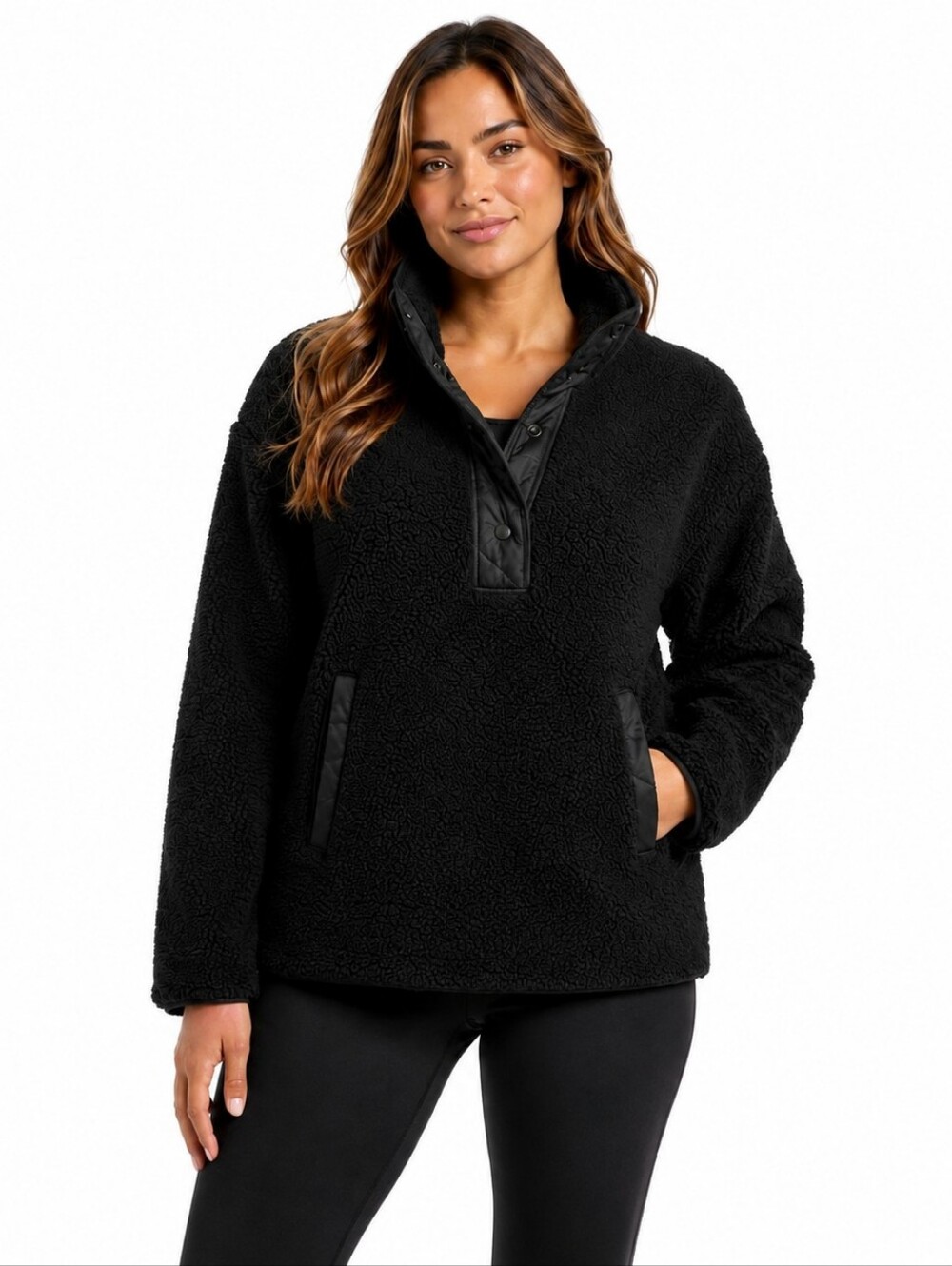 Athleta Small Black Sherpa Fleece Pullover Snap Neck Cozy Jacket Pockets